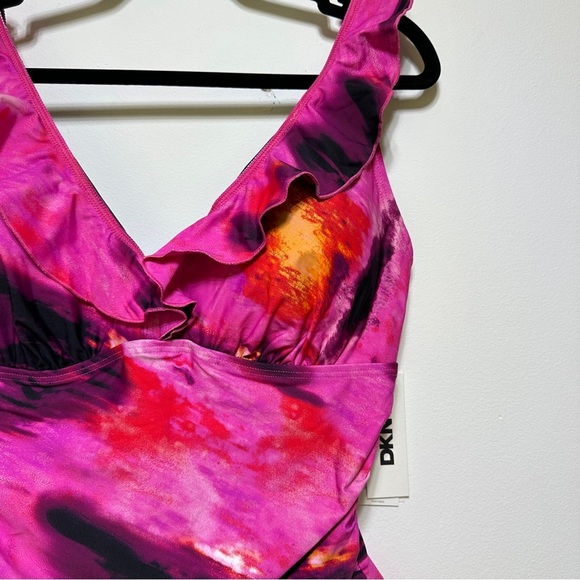 DKNY Pink Abstract Ruffle Trim One Piece Swimsuit Tummy Control Size L NWT - Picture 2 of 5